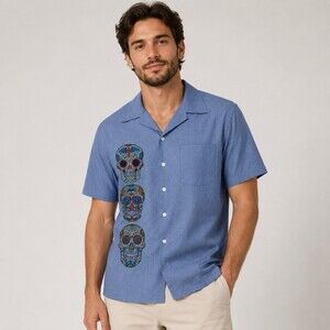 Johnny Suede Men XL Sugar Skull Bowling Shirt Blue Car Graphic Made USA